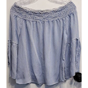 Unique Spectrum Off Shoulders Blue White Striped Shirt Flare Bell Sleeves Flowy